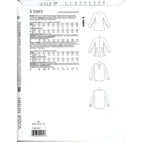 Vogue V1681 Misses 14 to 22 Anne Klein Tops and Tunics Uncut Sewing Pattern - Picture 2 of 2